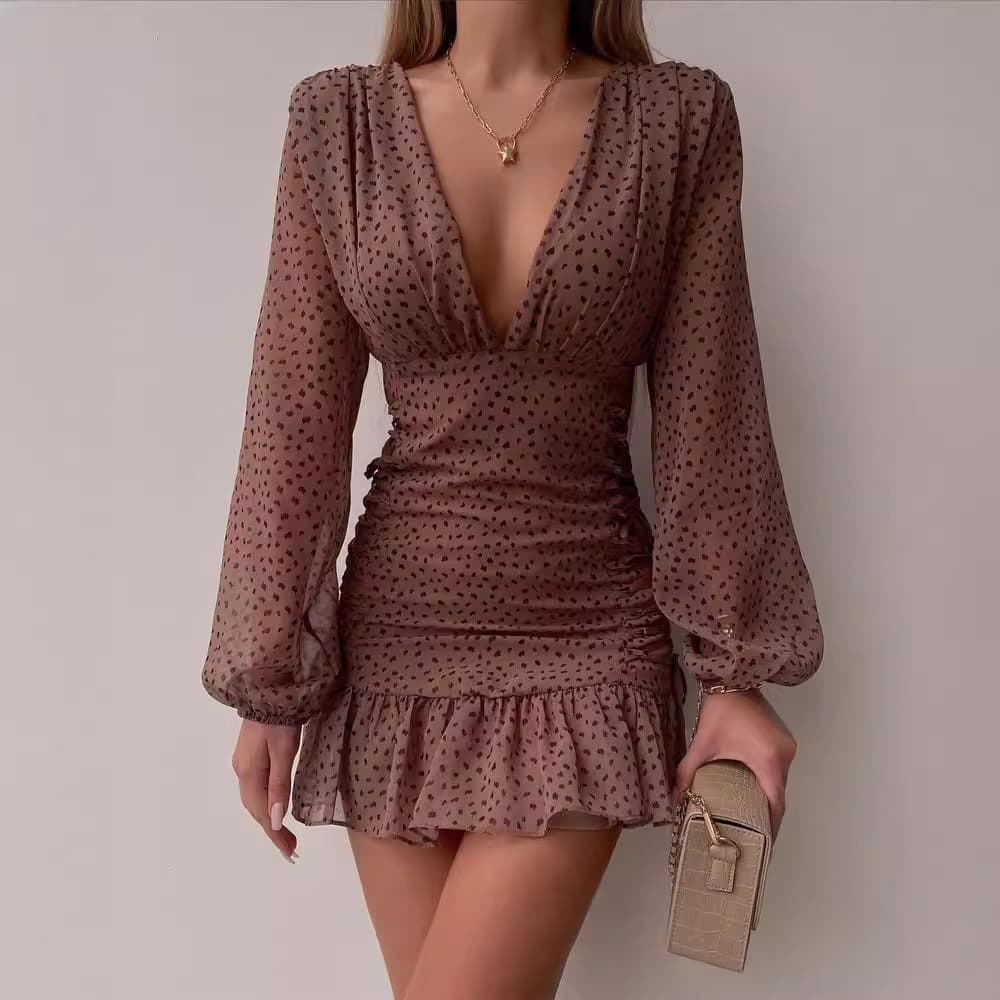 Women's Clothing 2024 Spring mid waist printed temperament commuting pullover V neck printed short skirt chiffon short skirt dress sexy