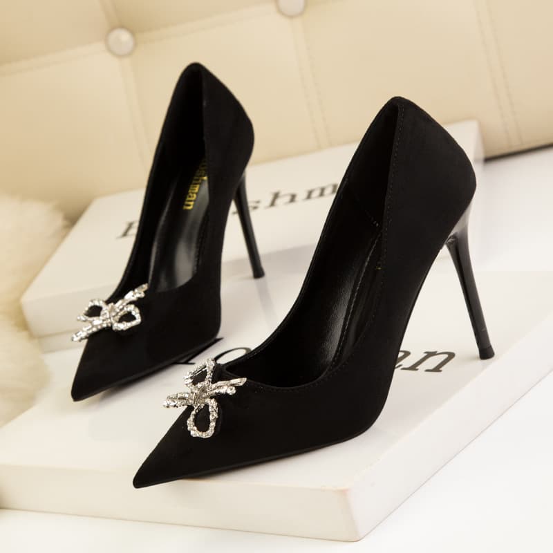 Women's Pumps style fashion high heels women's shoes stiletto high heels shallow mouth pointed toe rhinestone bow suede shoes