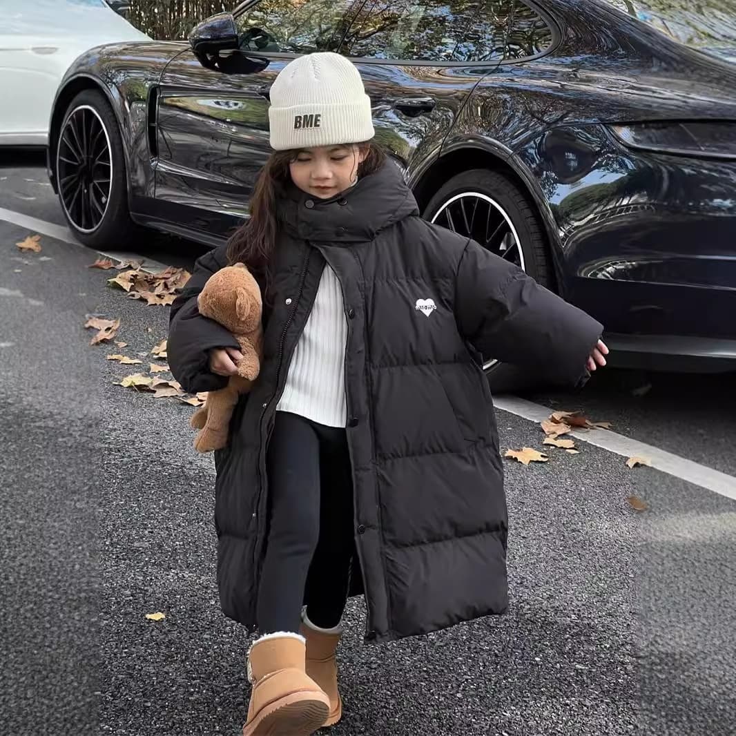 Korean-Style Long Puffer Coat For Girls – Knee-Length Winter Jacket With Fleece Lining (Ages 8+, 120-170cm, Black/Red)