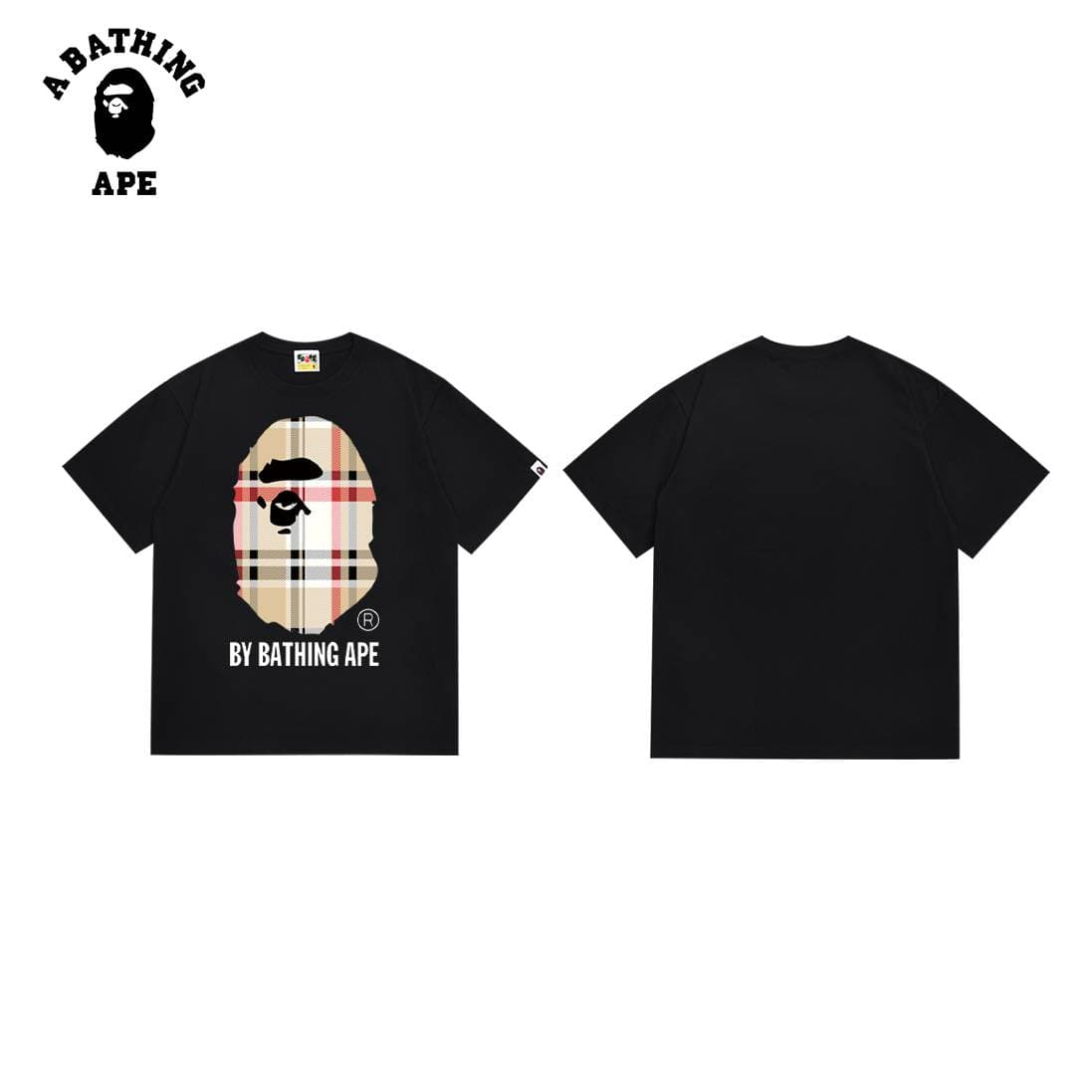 A BATHING APE BAPE-Plaid Monkey Head Letter Printed Short Sleeved T-shirt Made Of Pure Cotton Fabric