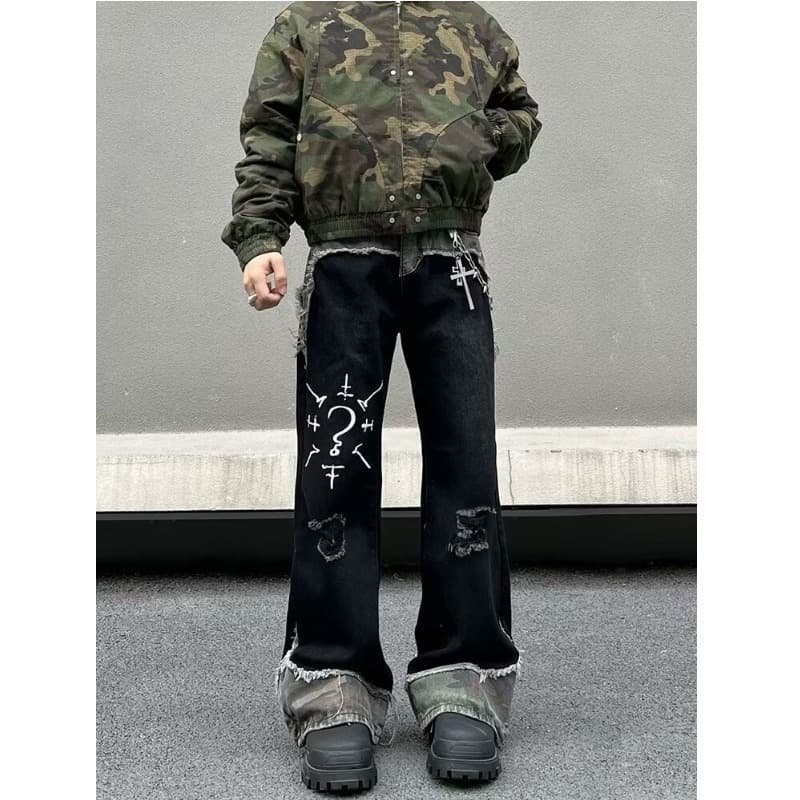Men's Clothing Regular Trendy Teenagers High Street Graffiti Camouflage Patchwork Jeans Men And Women Spring And Autumn Trousers Zipper Trend