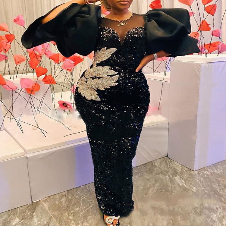 Women's Clothing new black high waist large size wrapped ruffled sleeve sequin embroidered dress