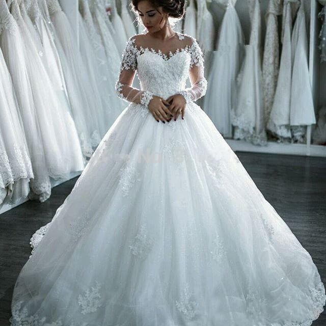Women's Clothing Bride Round Neck Long Sleeve Wedding Dress Lace Bride Trailing Wedding Dress