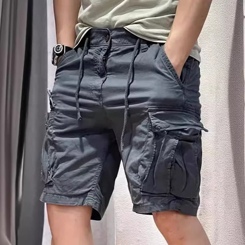 Men's American Retro Multi Pocket Cargo Shorts Khaki Summer Thin Textured Cotton Outerwear Five Point Pants