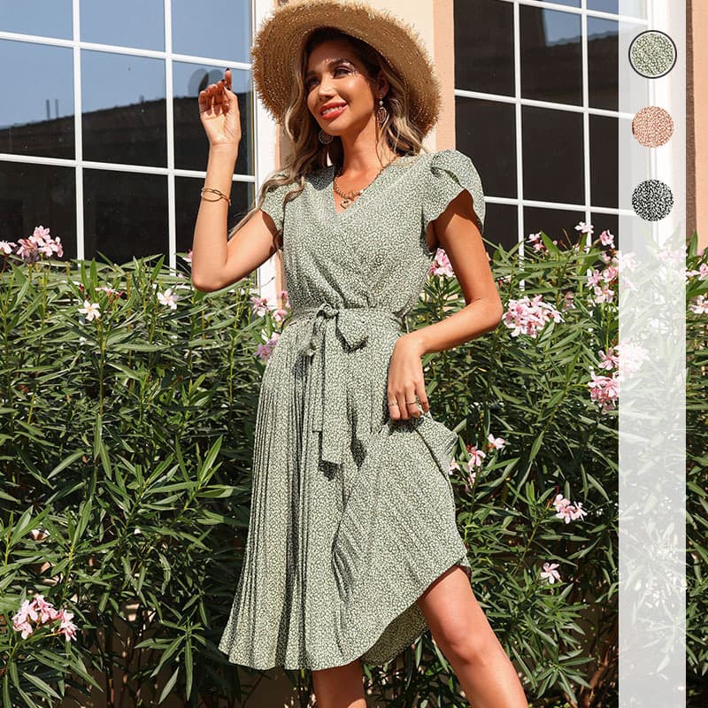 Summer Printed Green V-Neck Pleated Dress Women's Casual Midi Skirt Garment