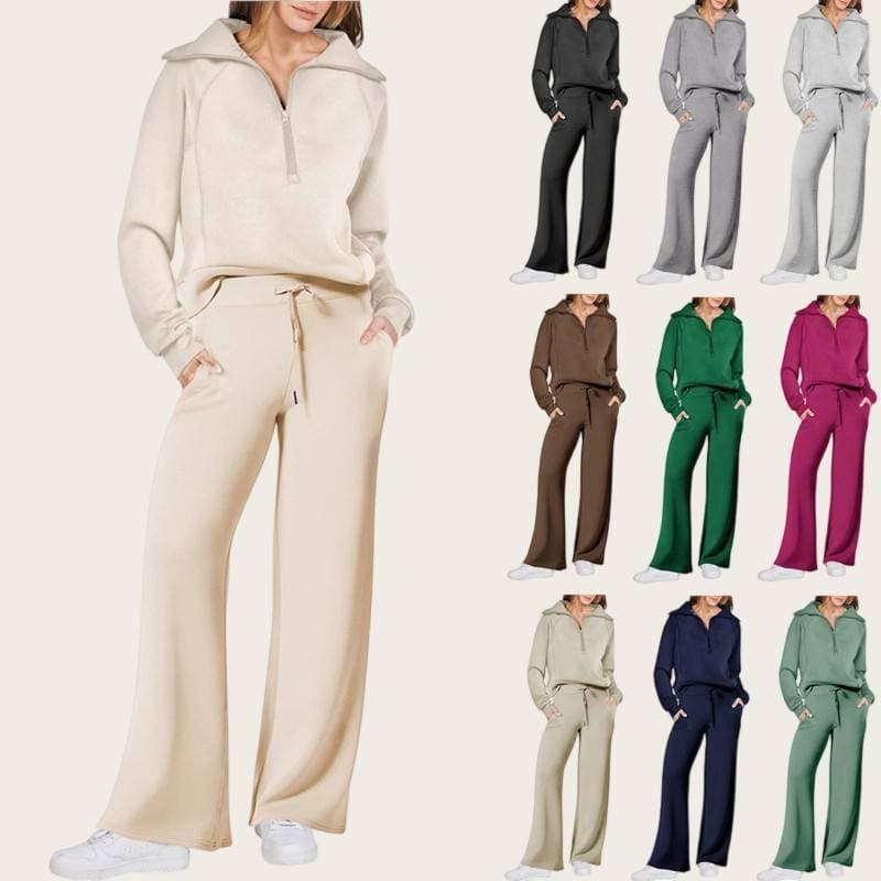 Women's Fashion Casual Tracksuit Set - Zip-Up Long Sleeve Hoodie & Wide Leg Pants, Winter Autumn Comfort Outfit (Black, Beige, Brown, Green,More)