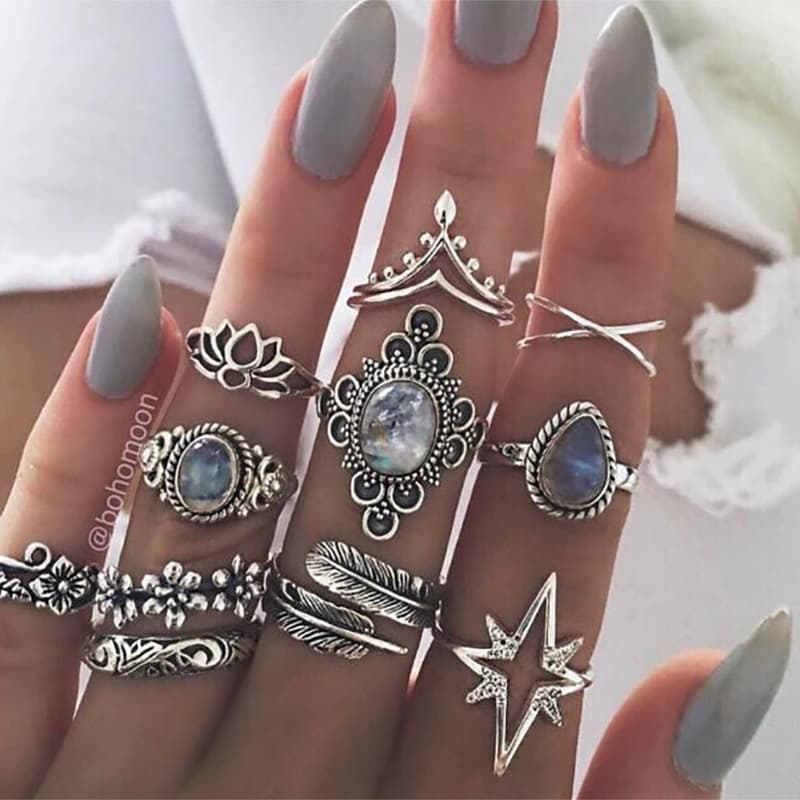 Retro Diamond Carved Starry Sky Gemstone 11 Piece Combination Set Ring