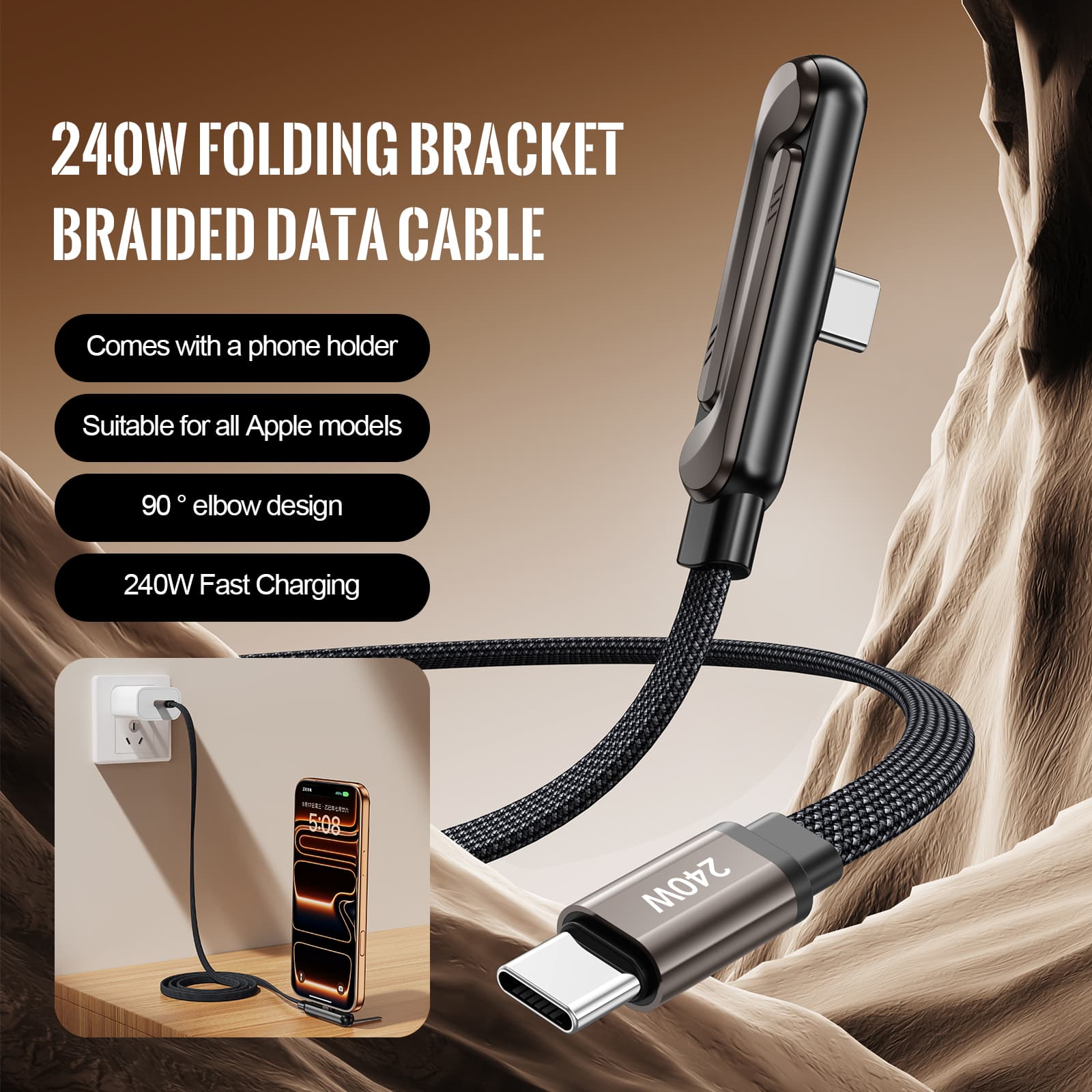 240W Fast Charging Cable With Stand, Type-C To Type-C, 1.5m Black, Durable Nylon Braided PD Cable For Gaming & Data Transfer