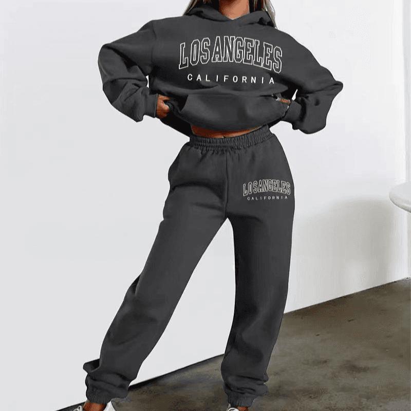 Women's Casual Fashion Printed Hooded Suit Plus Velvet Sweater Long Sleeved Pants Suit