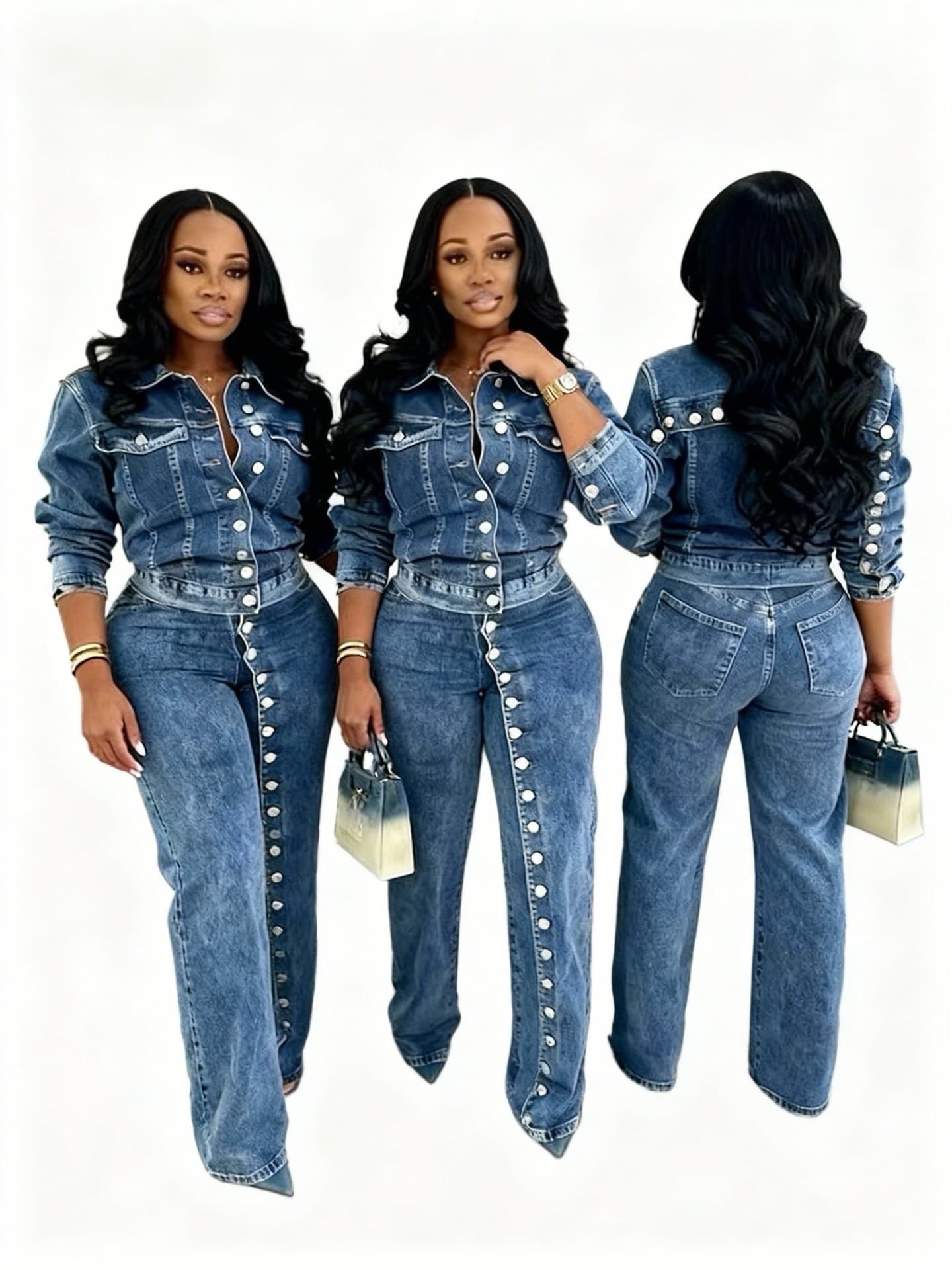 Women's Clothing Internet Celebrity Street Blasting Washed Blue Denim Two Piece Suit Pants Spring And Autumn New Women's Clothing