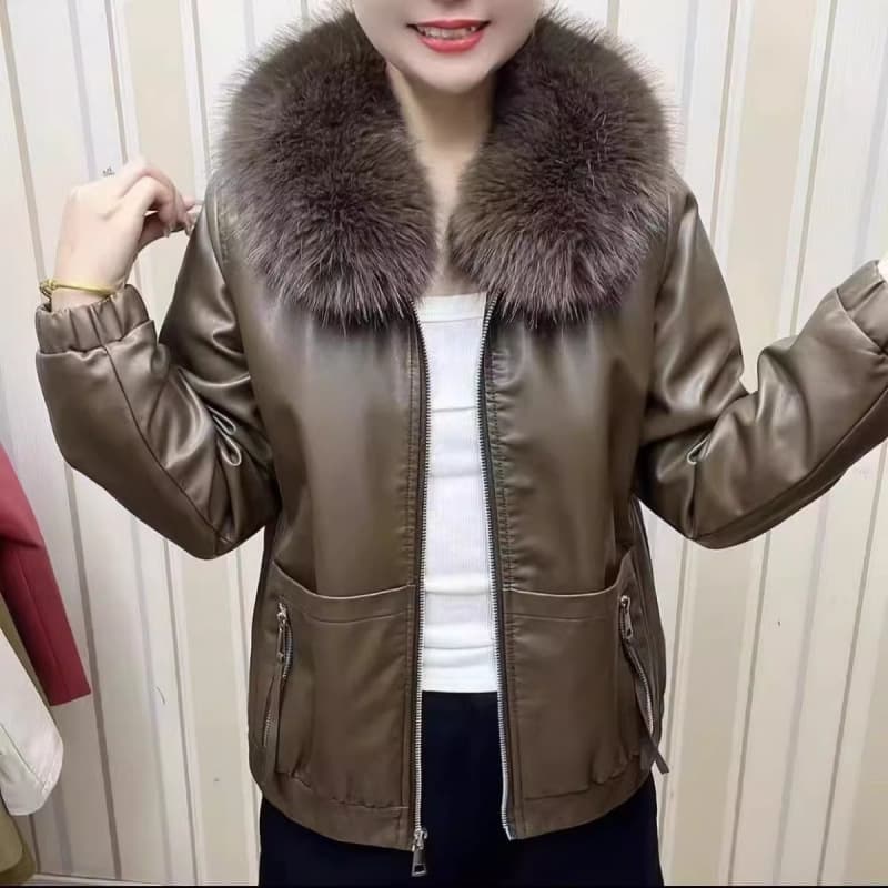 Women's Clothing Plush and thickened leather jacket winter zipper style loose fur collar short high end leather jacket