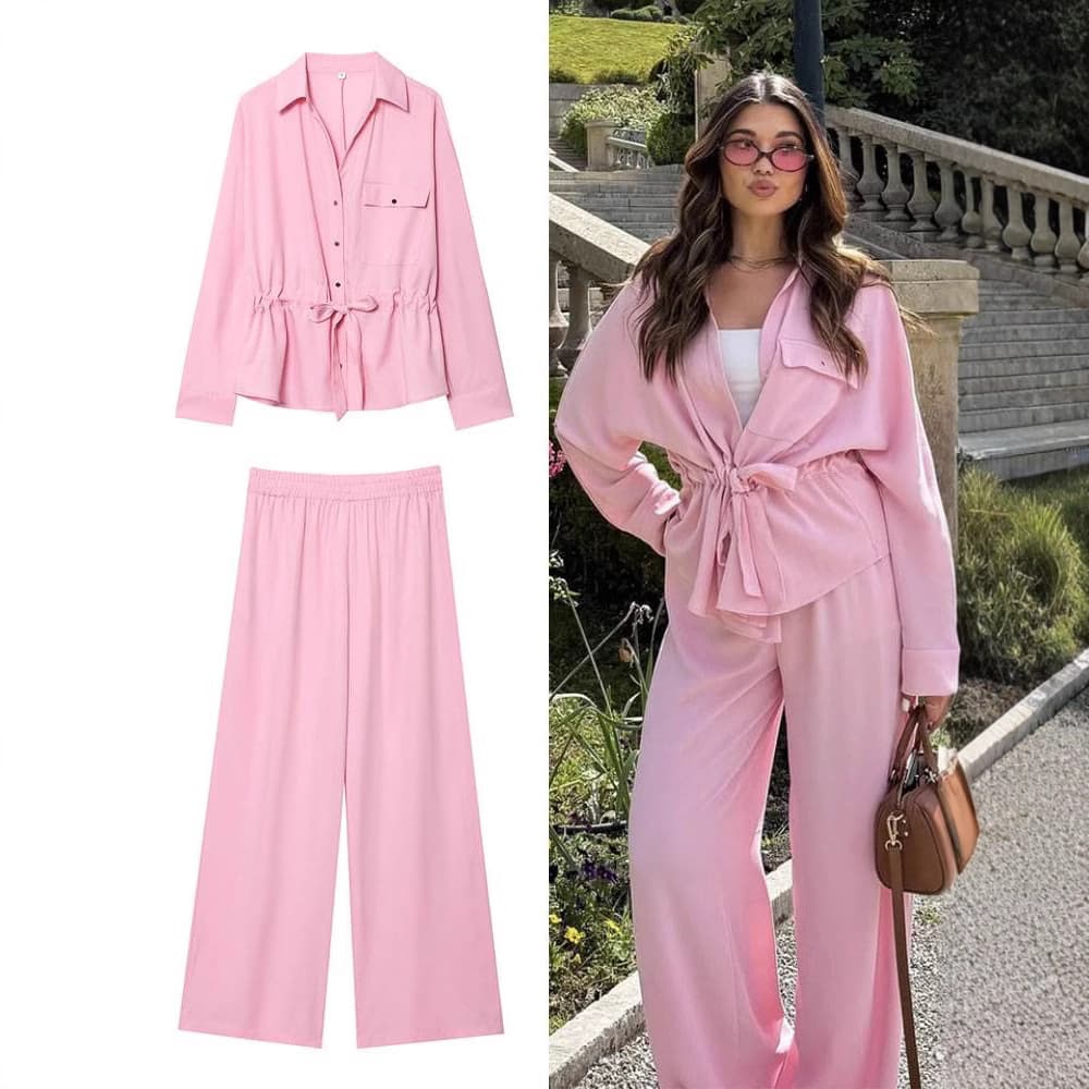 Women's Clothing Waist Slim V Neck Chiffon Long Sleeved Top Simple Wide Leg Casual Trousers Suit