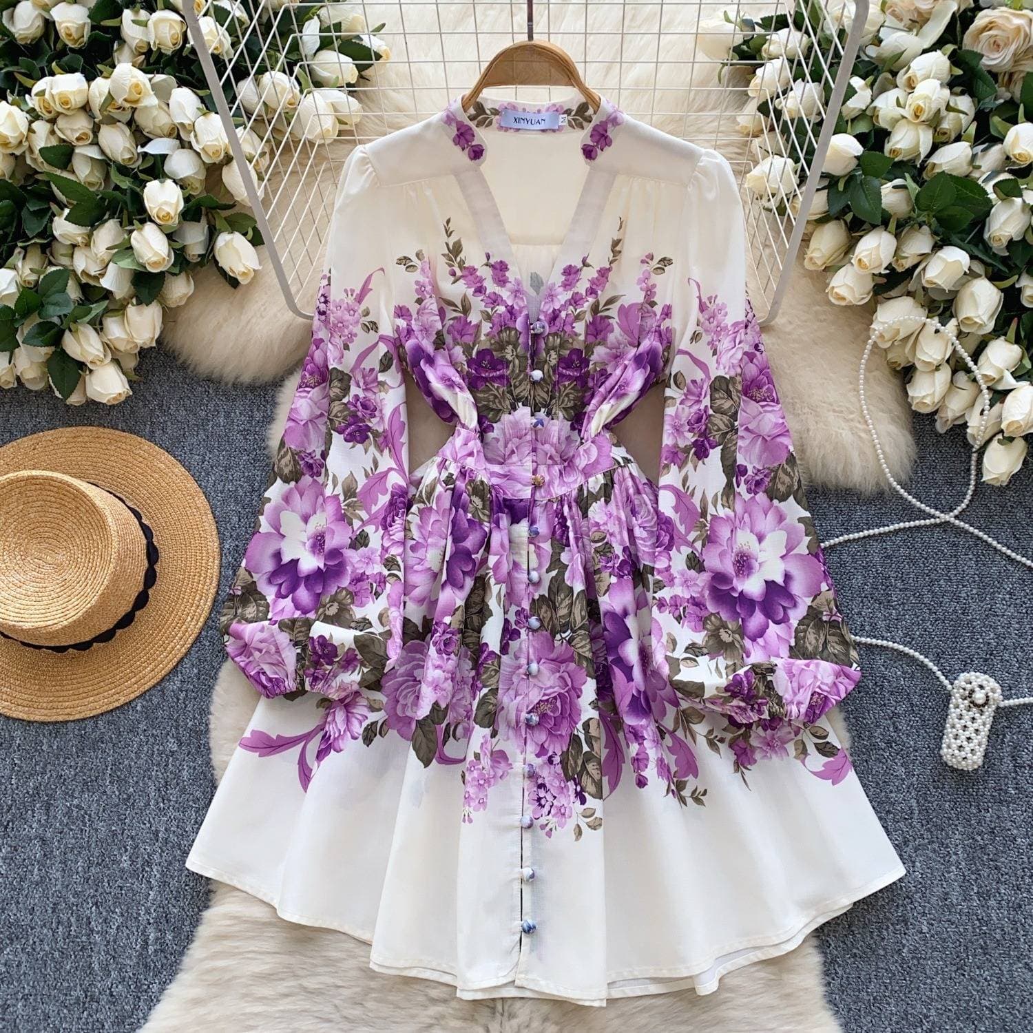 Women’s Clothing Celebrity Elegant V Neck Single Breasted Printed Dress Female Waist Slimming A Line Short Skirt Spring Dress
