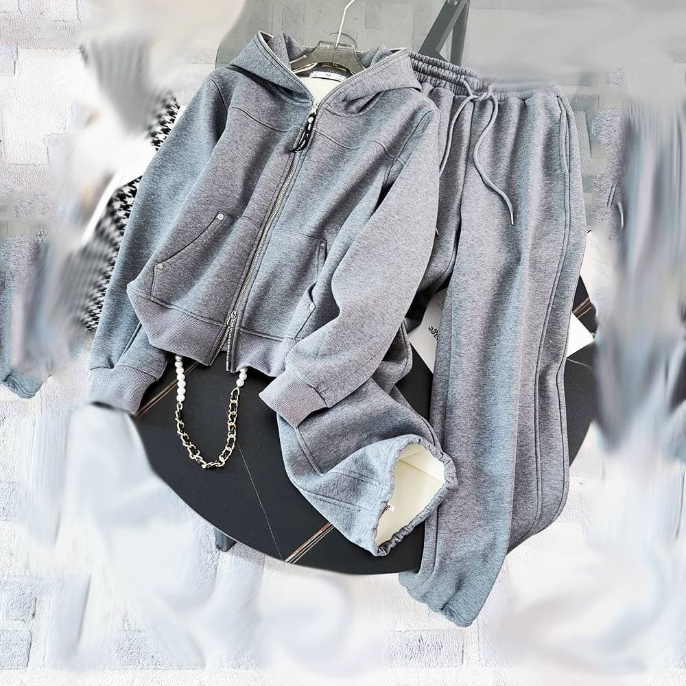 Women's Clothing Hooded Sweatshirt Casual Sportswear Suit Winter New Style Plus Velvet Thickened Snowflake Fluff Fashionable Two Piece Suit