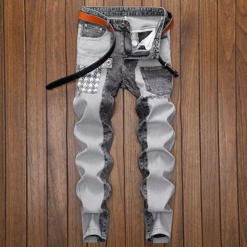Men's Clothing Autumn patchwork jeans men's brand slim-fitting skinny elastic trousers men's versatile workwear casual trousers