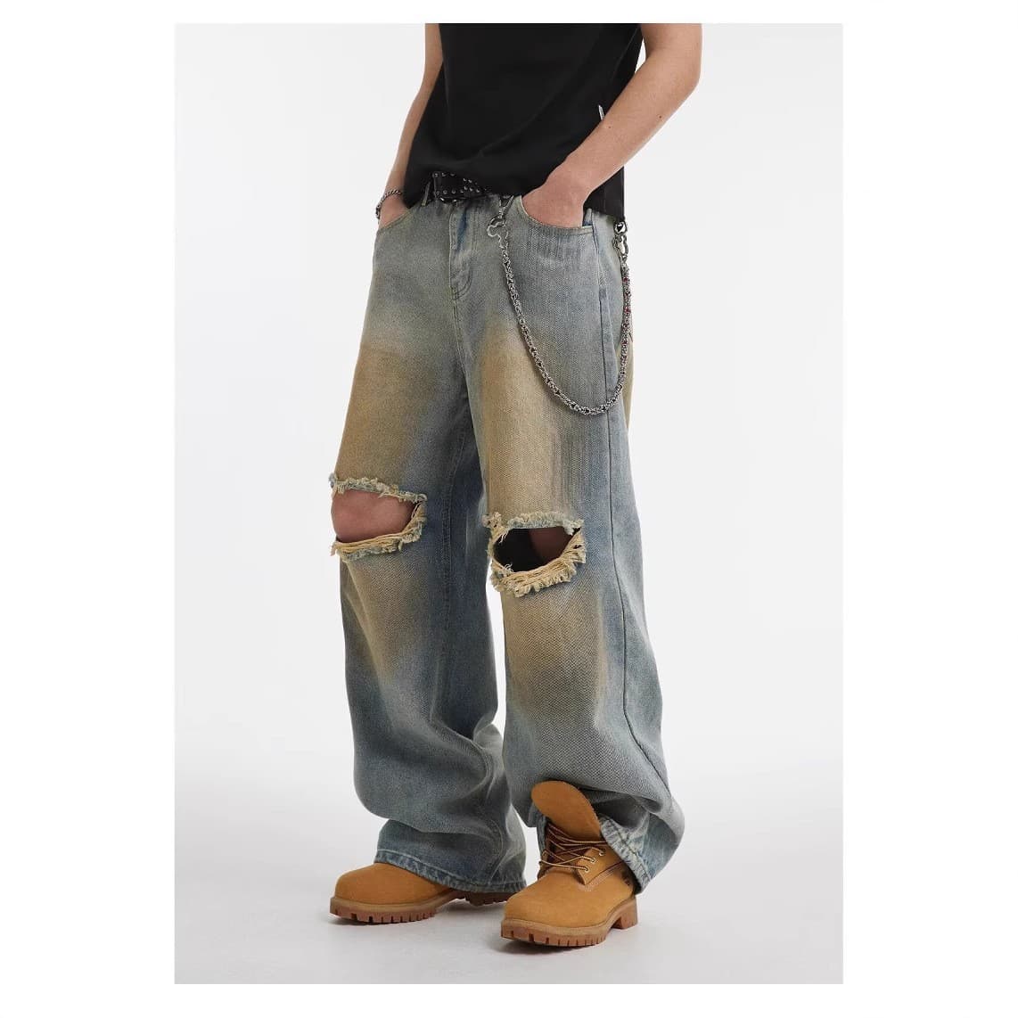 Men's Clothing Retro Distressed Ripped Denim Shorts Summer Gradient Loose Pants