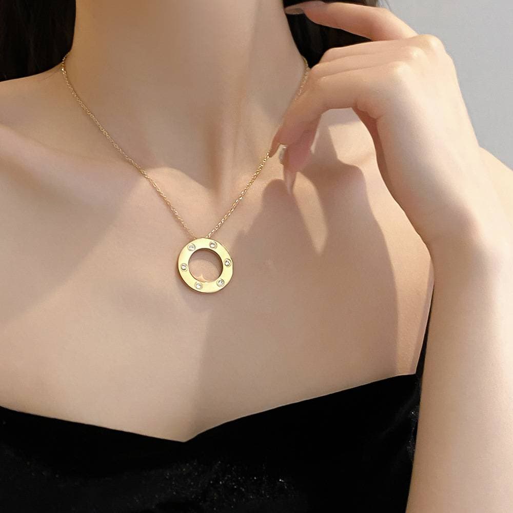 Luxury Round Zircon Pendants Necklace for Women Stainless Steel Rhinestone Circle Clavicle Chain Choker Jewelry Gift