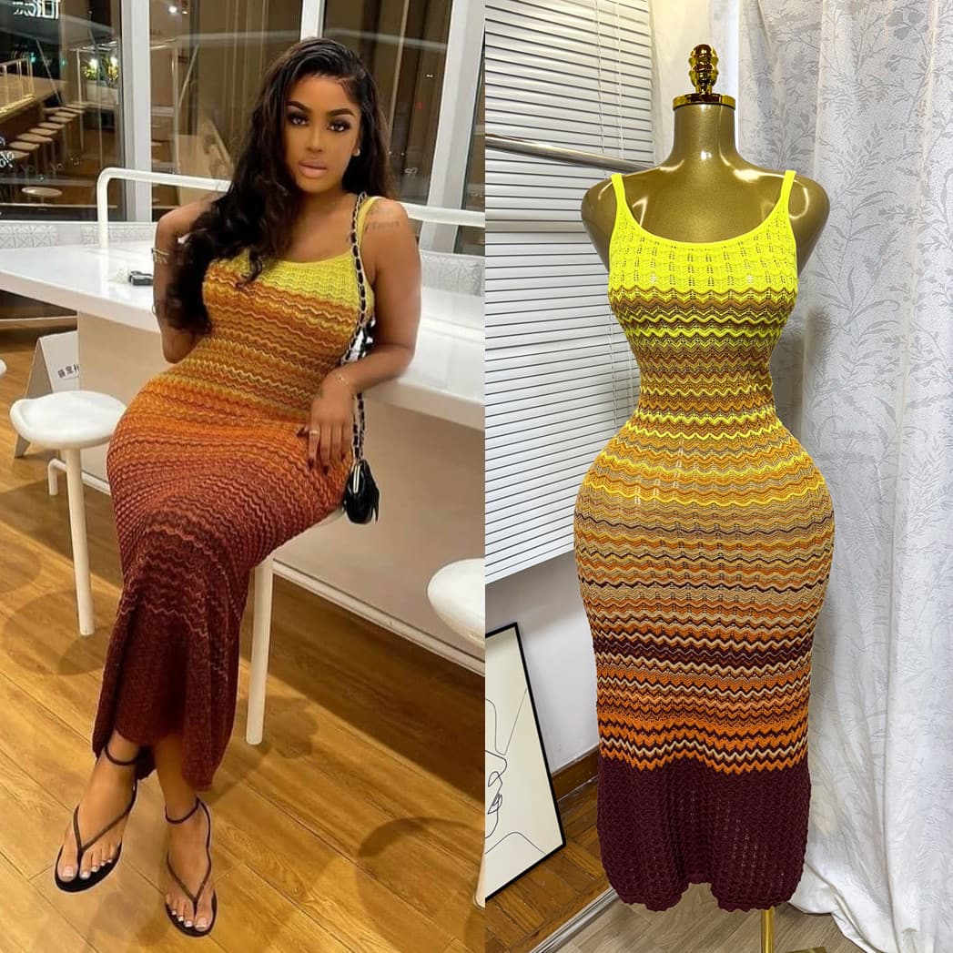 Women's Clothing Sling Knitted Dress Women's Summer Chic Retro Gradient Wavy Pattern Slim-Fit Hip Dress