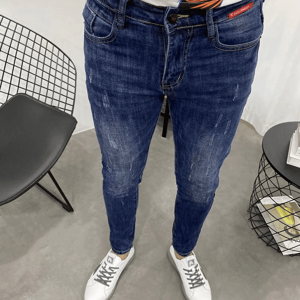 Men's Clothing Autumn And Winter Label Dark Blue Slim Fit Nine Point Jeans For Men With Skinny Feet Slim And Energetic Young Men's Long Pants