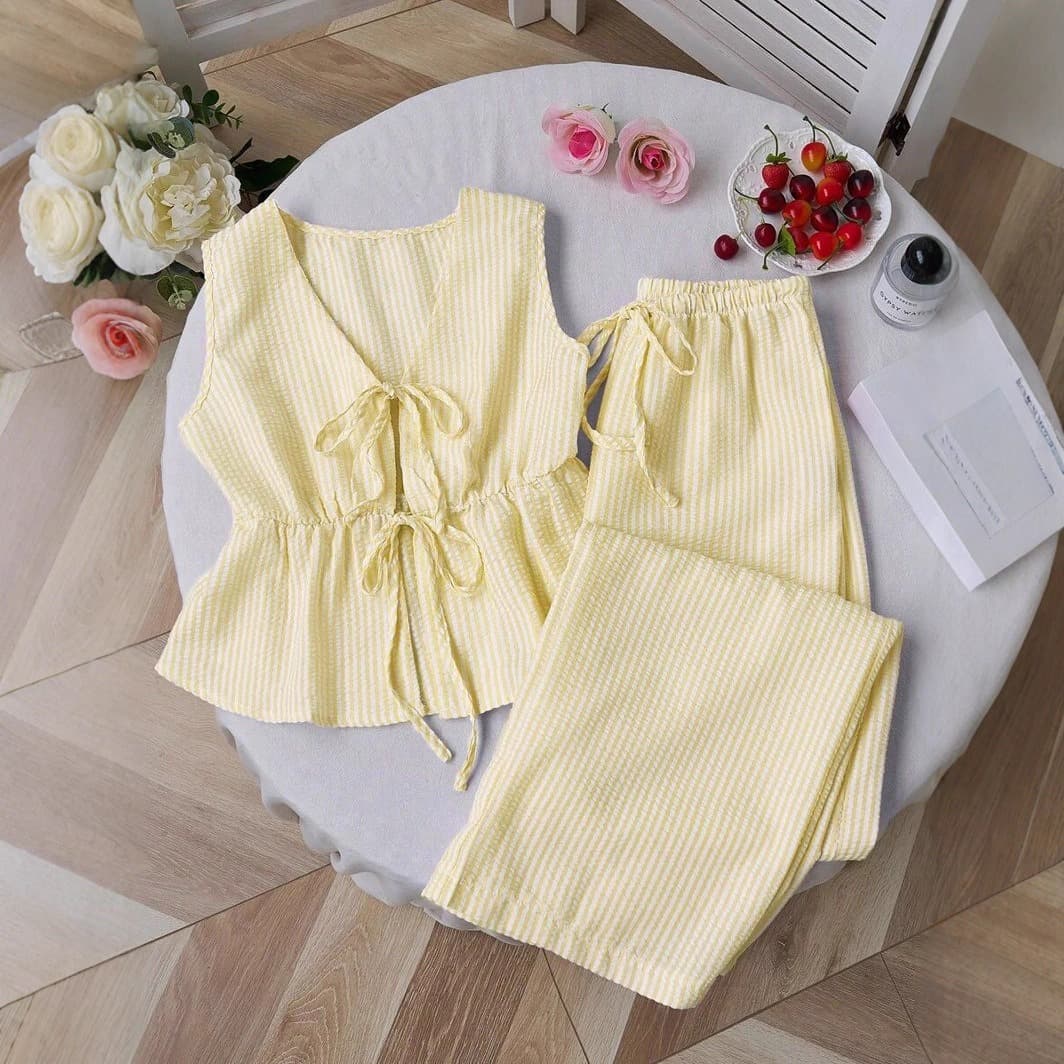 Women's Summer Solid & Striped Outfit Set - Sleeveless Tie-Front Top & Wide-Leg Pants Casual Two-Piece