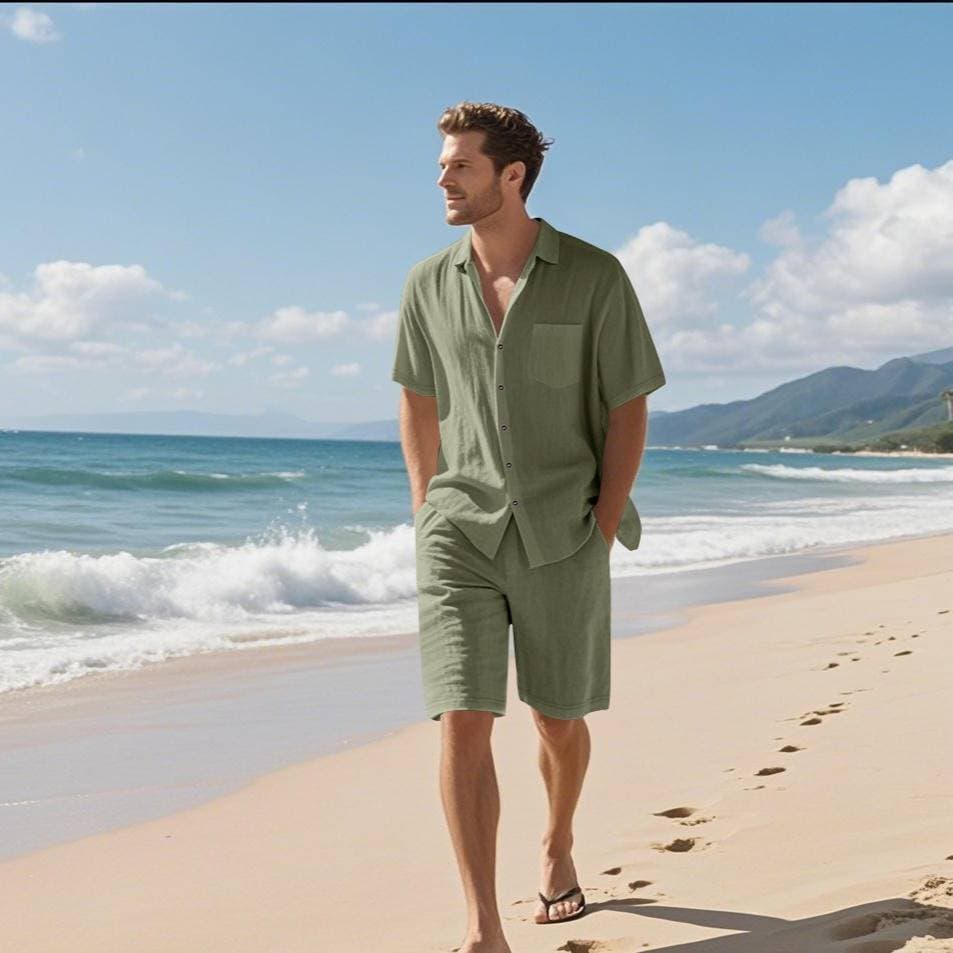 Men's Clothing Summer Linen Solid Color Lapel Button Casual Breathable Short Sleeved Shirt Beach Suit