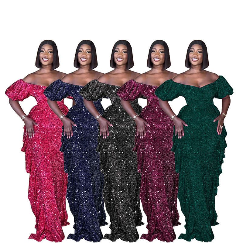 Women's Clothing supply slim waist one shoulder off shoulder elegant sequin long skirt fashion women's clothing