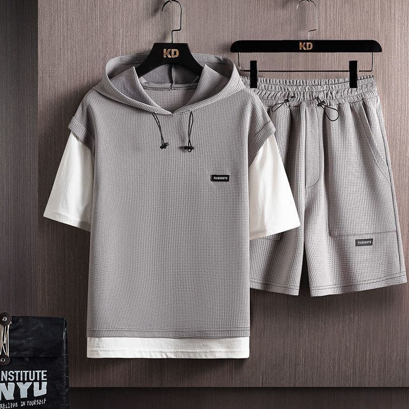 Men's Clothing Waffle Short Sleeved Suit Men's Loose Large Size Summer Trendy Two Piece Hooded T Shirt Men's Clothing A Complete Set