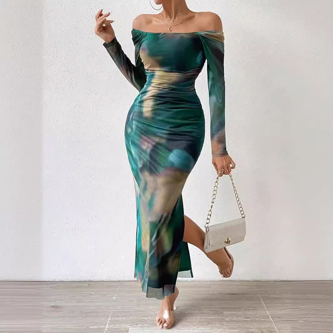 Women's Clothing Printing Pleated Sexy Tight Fitting Slit Square Neck One Line Dress