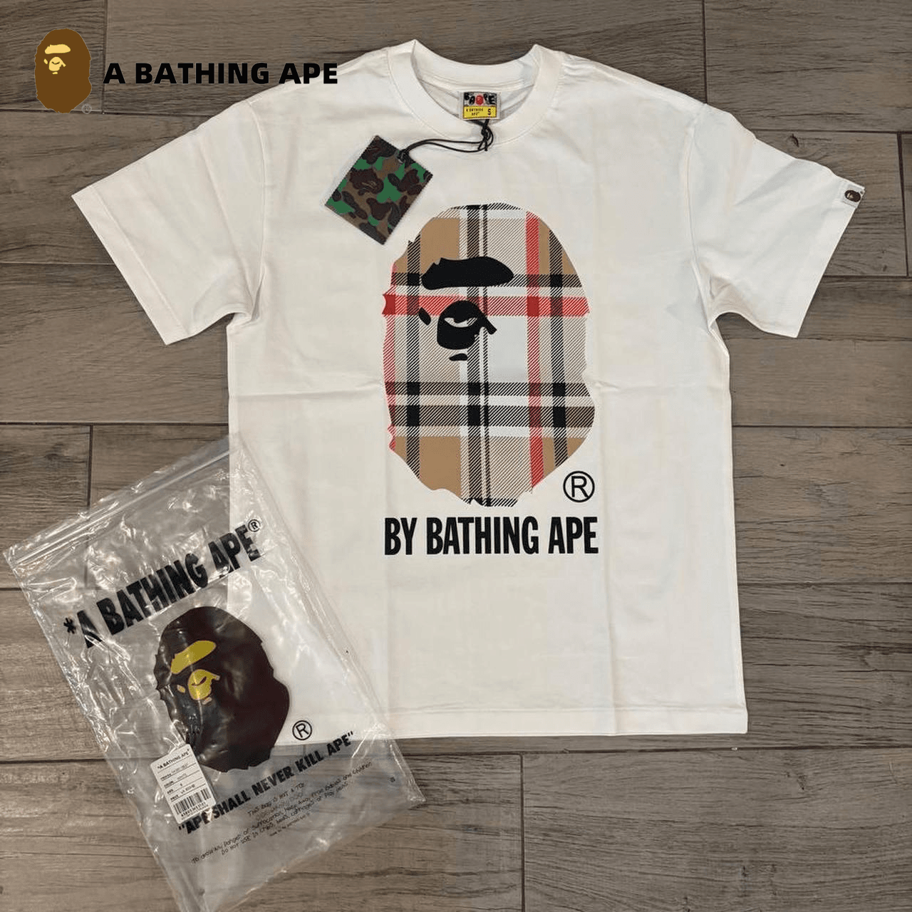 A BATHING APE BAPE&BB Checkered Striped Monkey Head Letter Print High-Quality Pure Cotton Short Sleeved Unisex-8