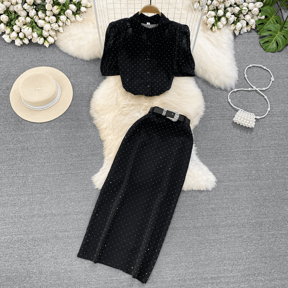 Women's Clothing Fashion Suit For Women Bubble Short Sleeves, Single Breasted, Polka Dot Chiffon Shirt, Two Piece Suit, High Waist Skirt, Summer