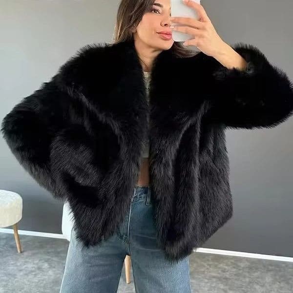 Women's Faux Fur Jacket With Oversized Lapel, Short Puffy Coat, Winter Fashion Outerwear, Fluffy Faux Fox Fur Collar, Street Style, Elegant & Trendy