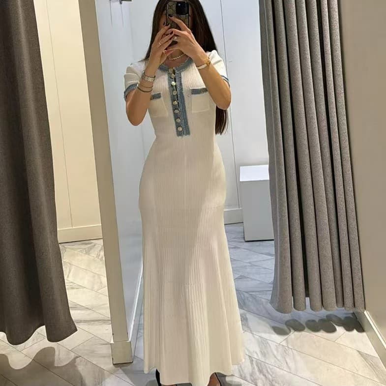 Bohemian Denim Patchwork French Maxi Dress With Knit Bodice – Flattering A-Line Fit, Long Sleeve, High Waist, Elegant Wrap Design For Women