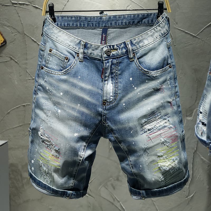 Men's High Street Trendy Men's Fashionable Hand-painted Paint Dot Hole Embroidery Color Thread Five-point Denim Shorts