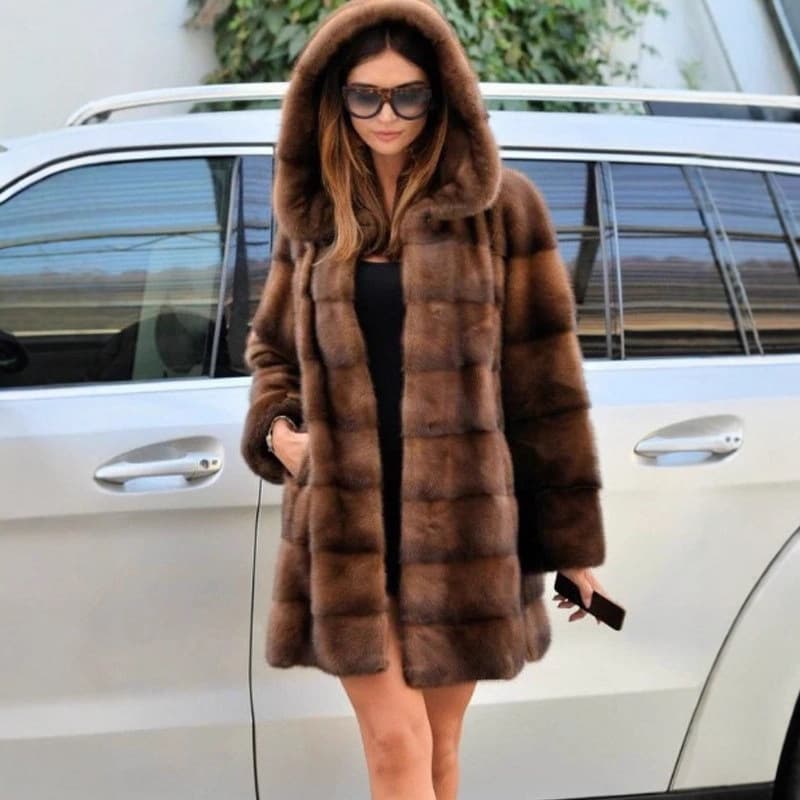 "Women's Mid-Length Faux Fur Coat – Plush Hooded Winter Coat, Brown, S-XXXXL (Plus Size Friendly)"