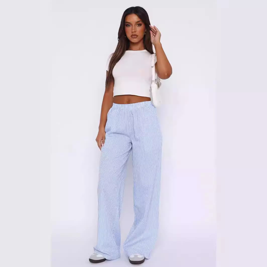Pantalon large taille haute en coton rayé décontracté et tendance avec imprimé - Confortable et élégant pour femme