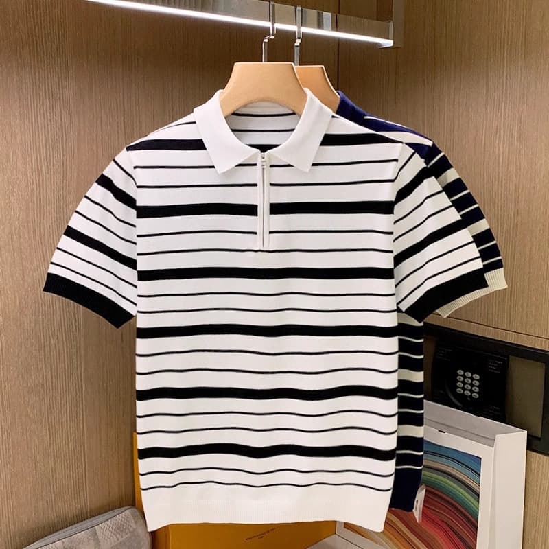 Men's Clothing elegant youth slim fit half zip collar T shirt men Simple color matching striped polo shirt men summer short sleeve