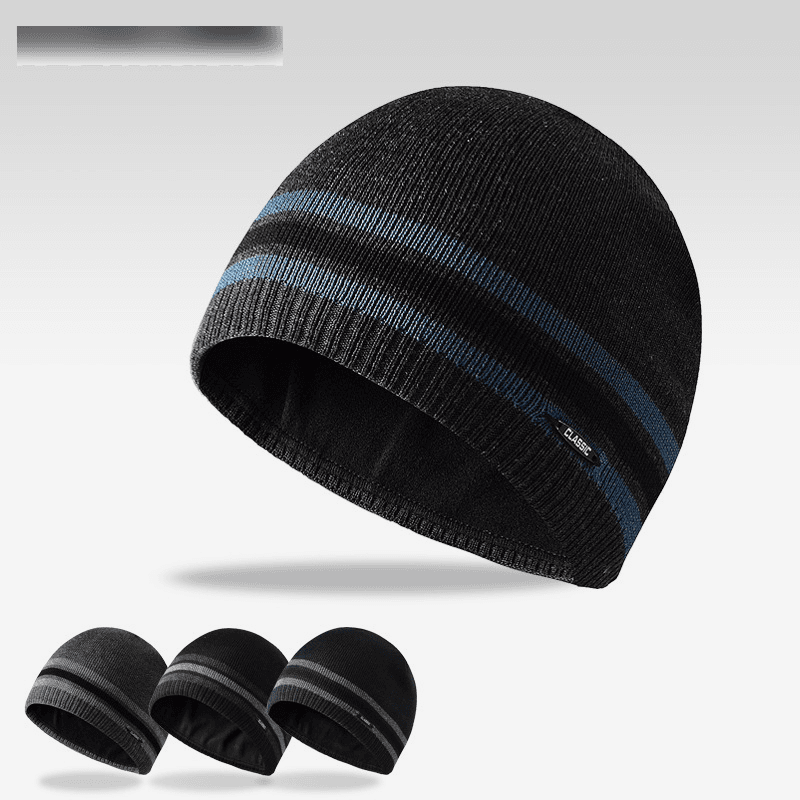 Men's Plush Knitted Hat With Iron Label Straight Brim Wool Hat Flat Weave Round Hat Pullover Ski Hat