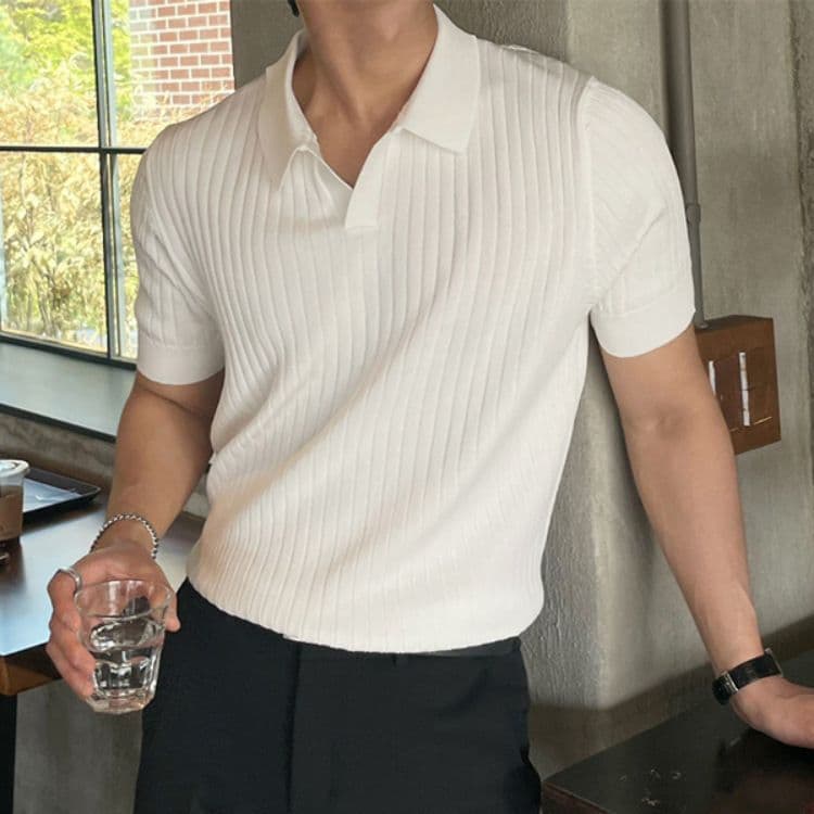 Men's Clothing Summer Striped Short Sleeved Polo Shan Men's Of Slim Lapel Solid Color Casual Thin Half Sleeved Trendy Knitted Tops