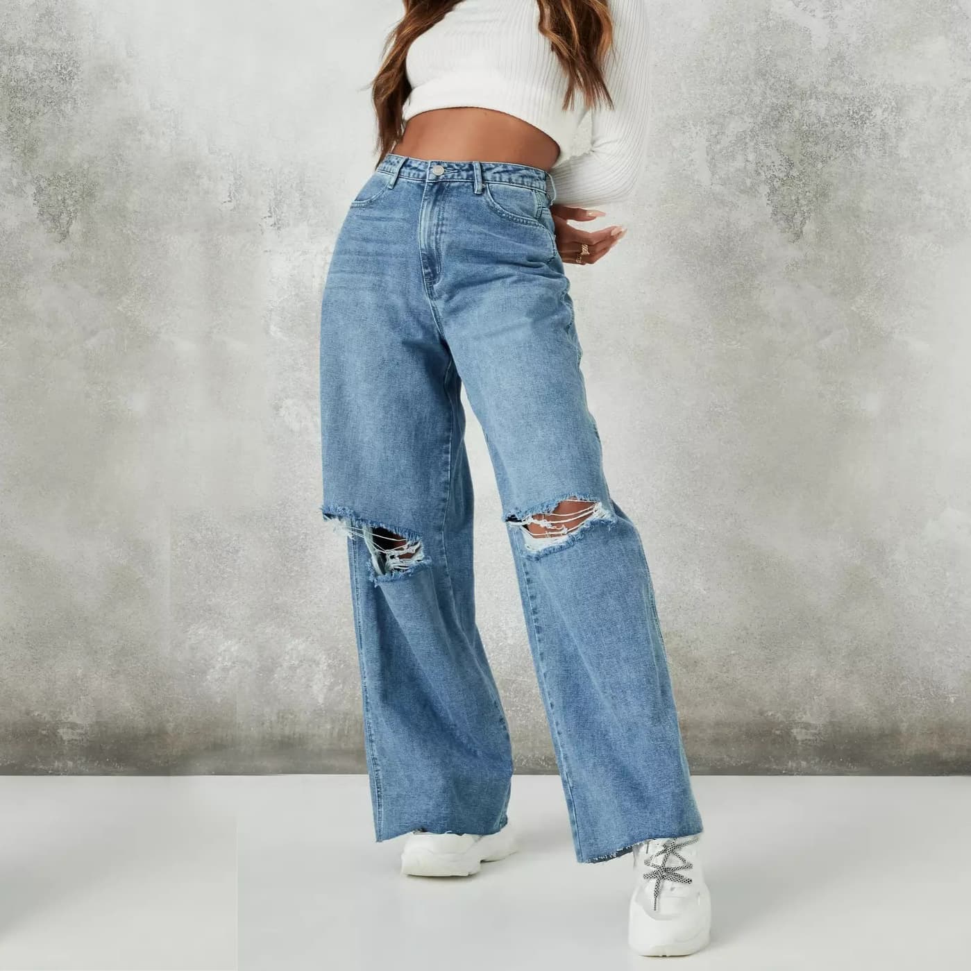 Women's Clothing Autumn and winter new casual street washed holes worn wide leg women's high waist jeans
