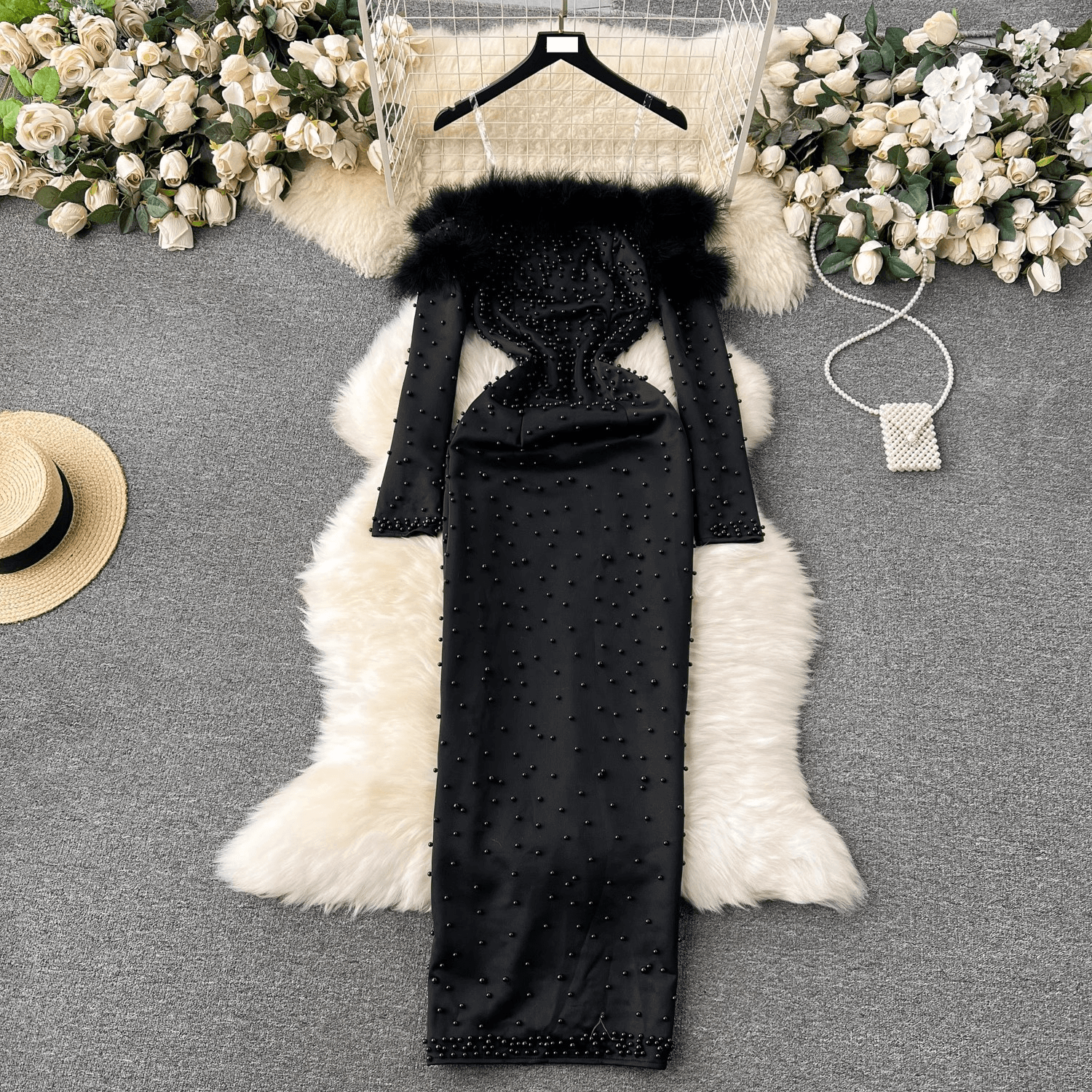 Women's Clothing fur stitching beaded dress dress female niche light luxury waist slimming temperament celebrity party dress