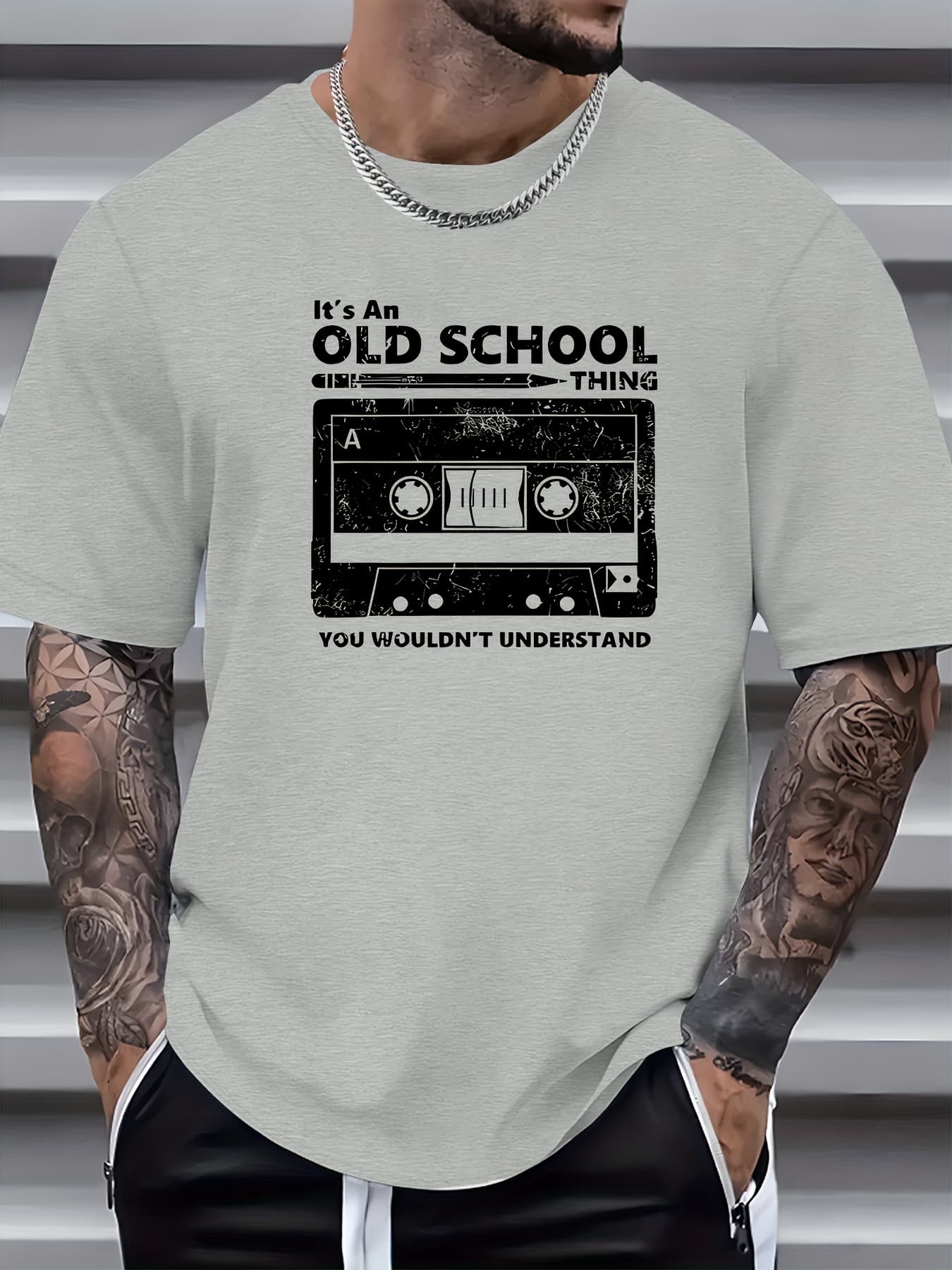 100% Pure Cotton Men's Spring And Autumn Fashion Short Sleeved An Old School Thing Printed Casual Slim Fit Versatile Top
