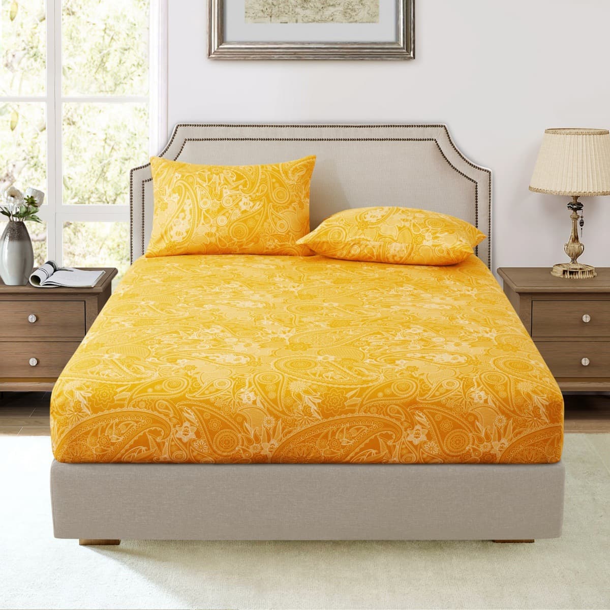 Yellow Luxury Bohemian Mattress Cover Polyester Skin Friendly Bed Fitted Sheet Mattress Protector Fitted Sheet