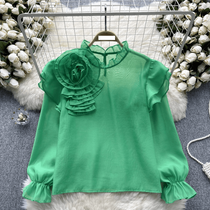 Women's Clothing Early spring wear French tops, design sense three dimensional flowers, sweet ruffled collar, pullover, puff sleeve chiffon shirt