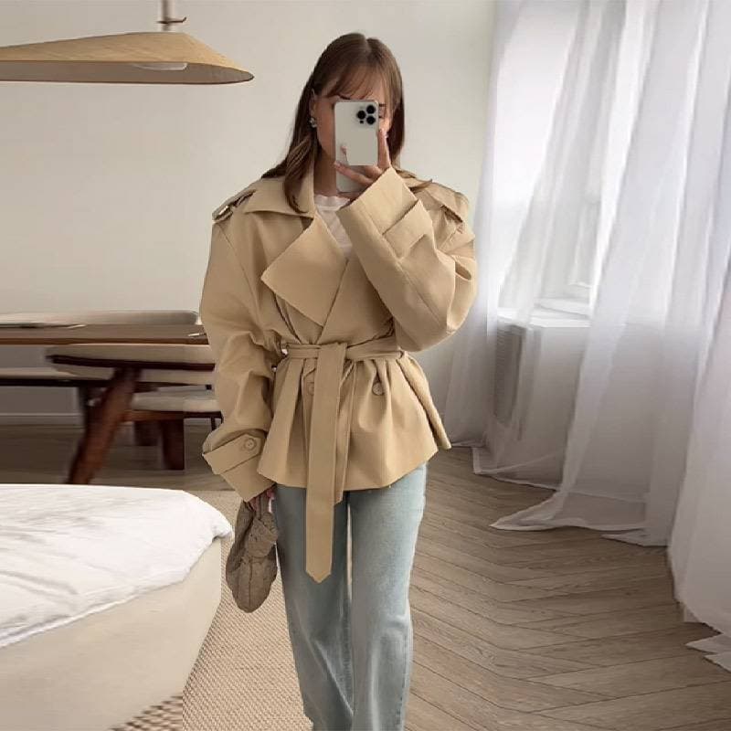 Women's Clothing Women's Stylish Belted Short Trench Coat - Slim Fit Casual Blazer Jacket For Work & Travel (Khaki/Black/Red/Navy)
