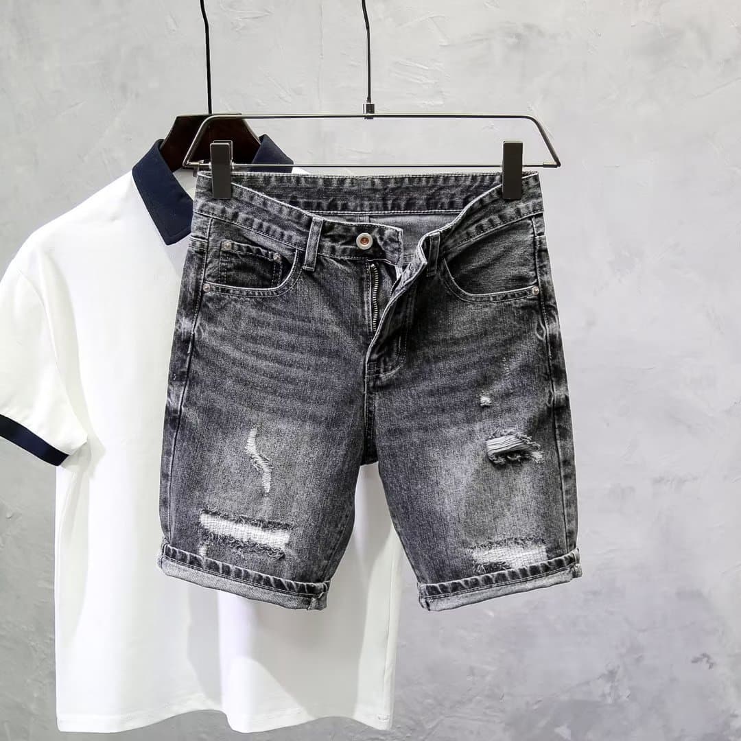 Men's Clothing Ripped Denim Shorts Men's Summer New Style Black And Gray Slim Straight Pants High Street All Match Shorts
