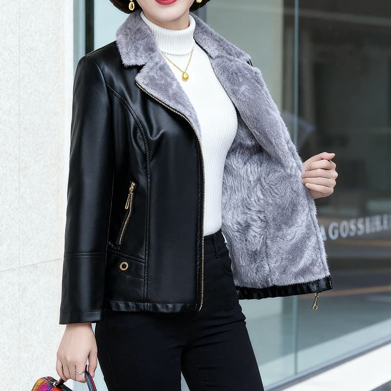 Women’s Fleece-Lined PU Leather Jacket – Plus Size Winter Coat With Faux Fur Collar (XL-6XL, Euro Sizing For 90-140lbs, Warm & Stylish Outerwear)