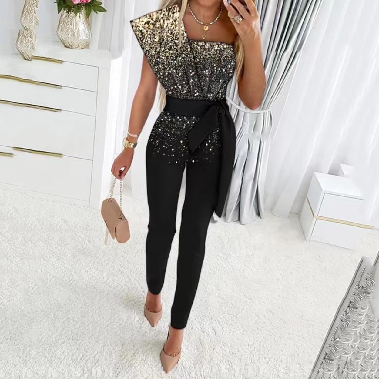 Women's new product solid color sleeveless belt decorated jumpsuit slim fit splicing sequined women's trousers