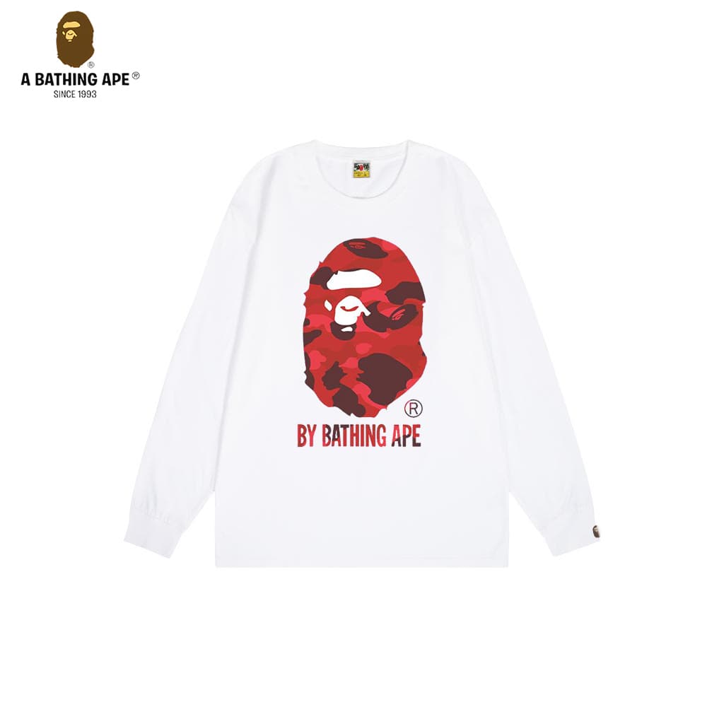 A Bathing APE BAPE-BAPE Simple Red Ape Head Pattern Letter Logo Printed Cotton Round Neck Long Sleeve Top