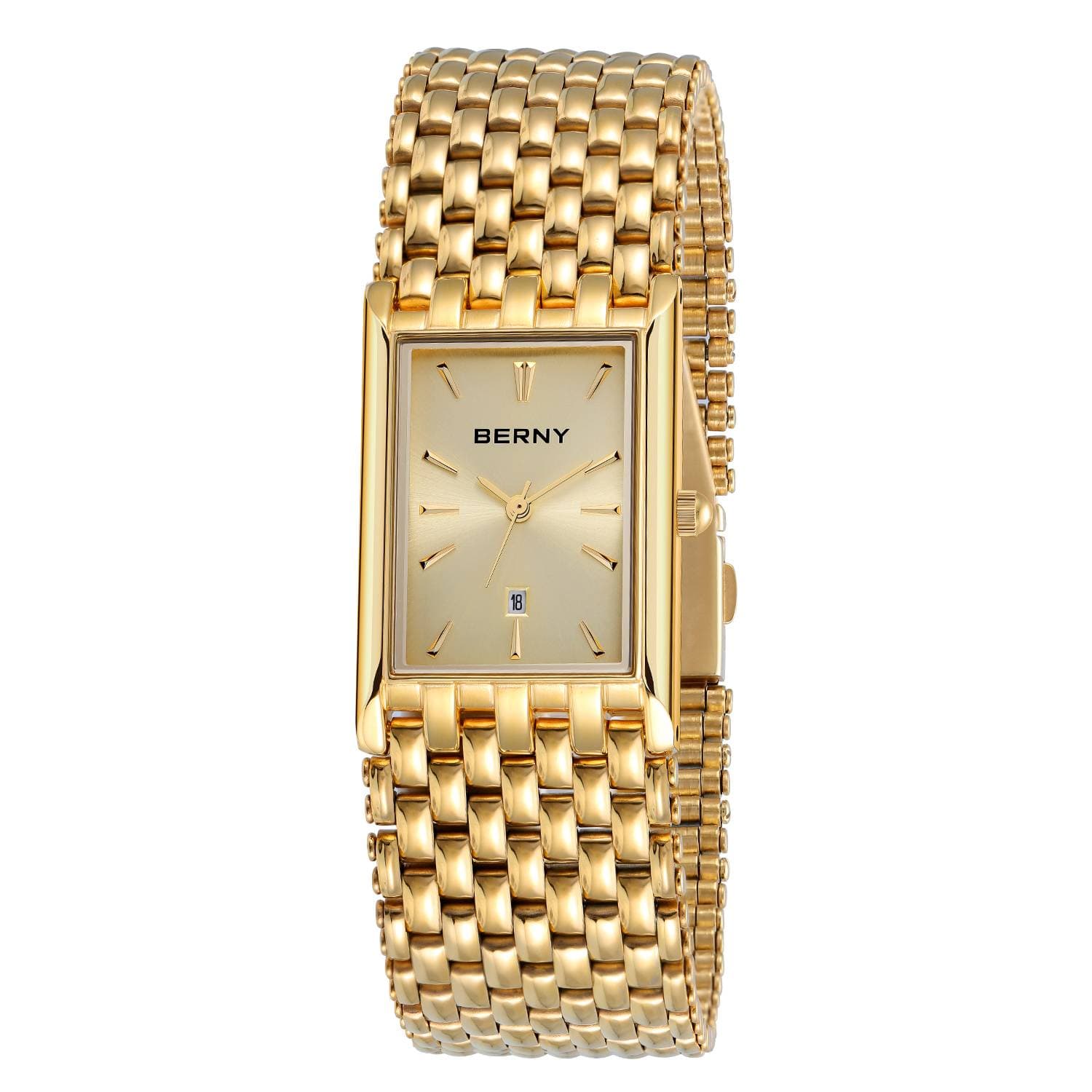 BERNY Gold Watches For Men Luxury Minimalist Quartz Analog Rectangular Watch With Date Stainless Steel Waterproof Fashion Wristwatch Tools Included