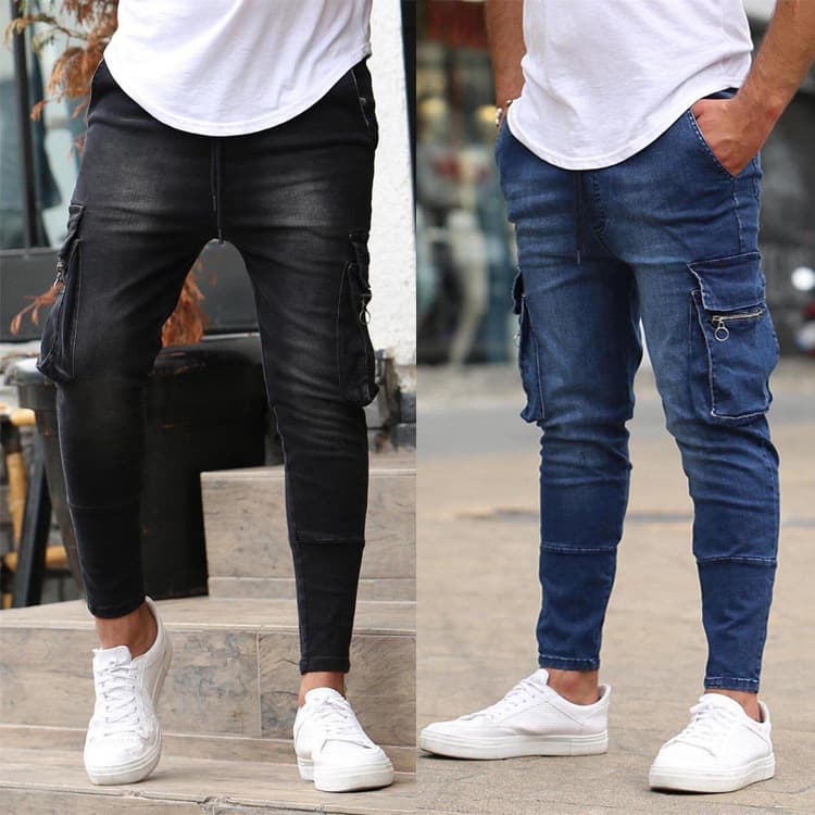 Men's multi-pocket stretch jeans zipper decoration work jeans new models